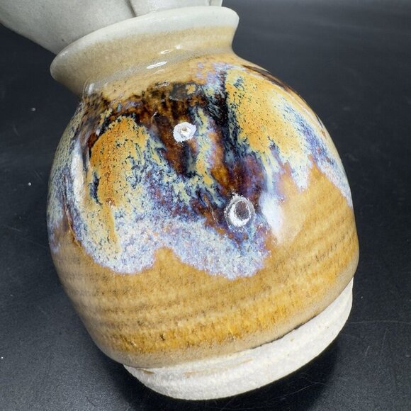 Vintage Studio Pottery Flower Shaped Bud Vase Drip Glaze Stoneware Signed Judy - Picture 5 of 12